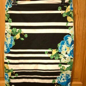 tretch Pencil Skirt – Black & White Stripes with Blue Floral